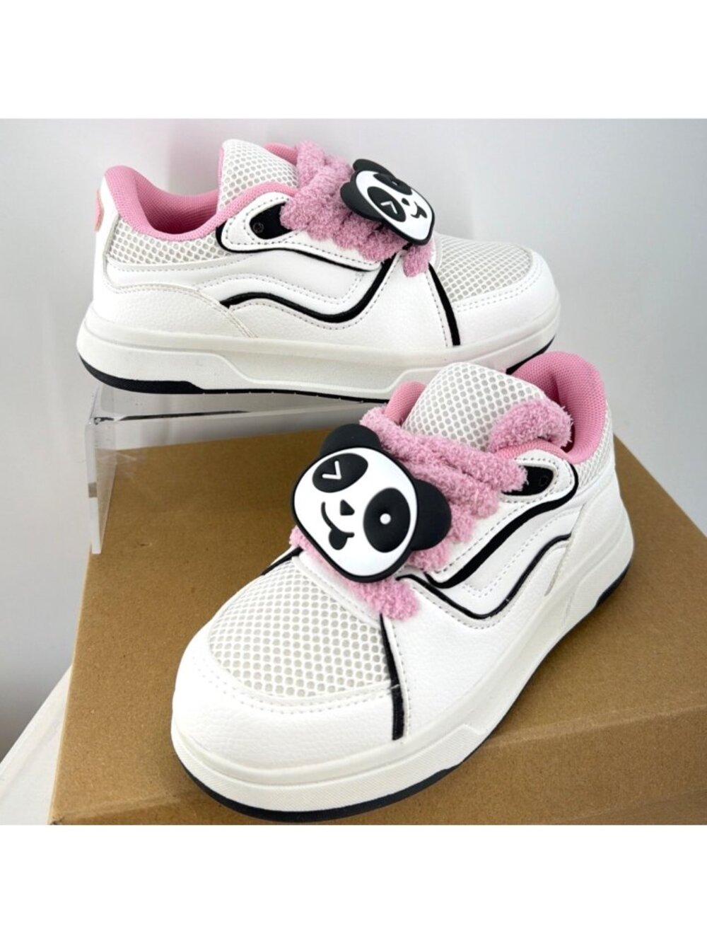 Kids Sneakers White Pink Panda Face Girl Size 1